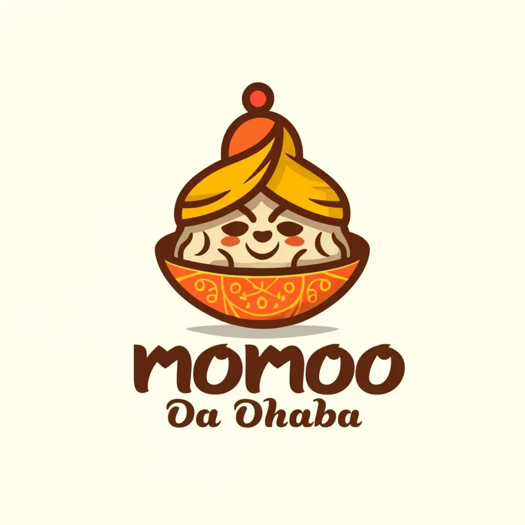 a logo design,with the text "Momo da Dhaba", main symbol:momo in a bowl wearing a turban with Chinese eyes,Minimalistic,be used in Restaurant industry,clear background