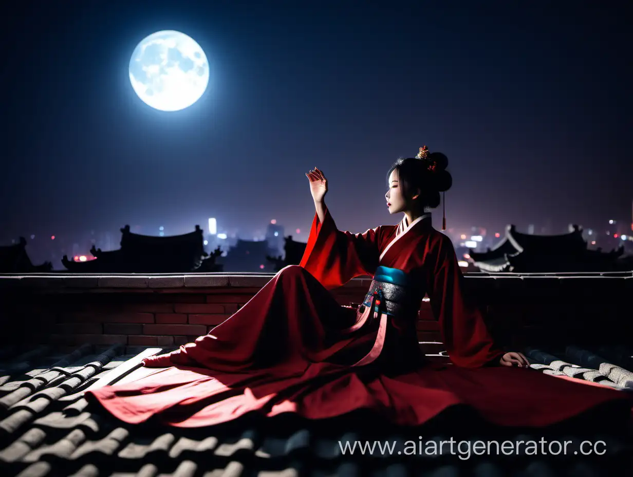 woman Silhouette in hanfu lies on a ancient Chinese rooftop at night