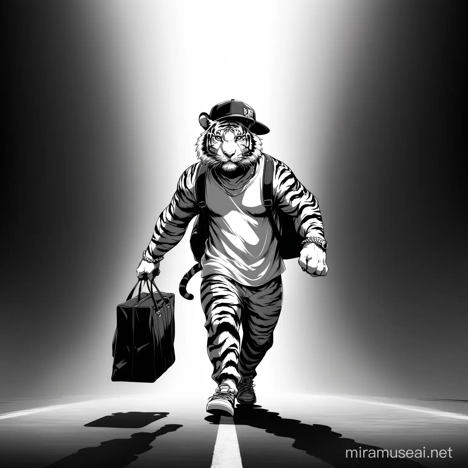 hip hop tiger wearing hat carrying bag walking forward black white