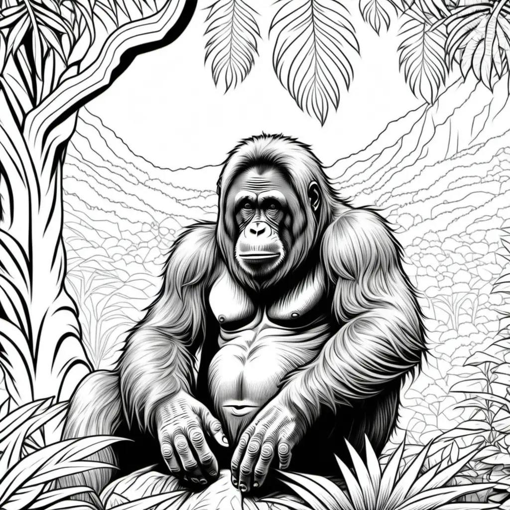 coloring page for adults, mandala, jungle image (Orangutan sitting under tree), white background, clean line art, fine line art--HD--AR 2:3