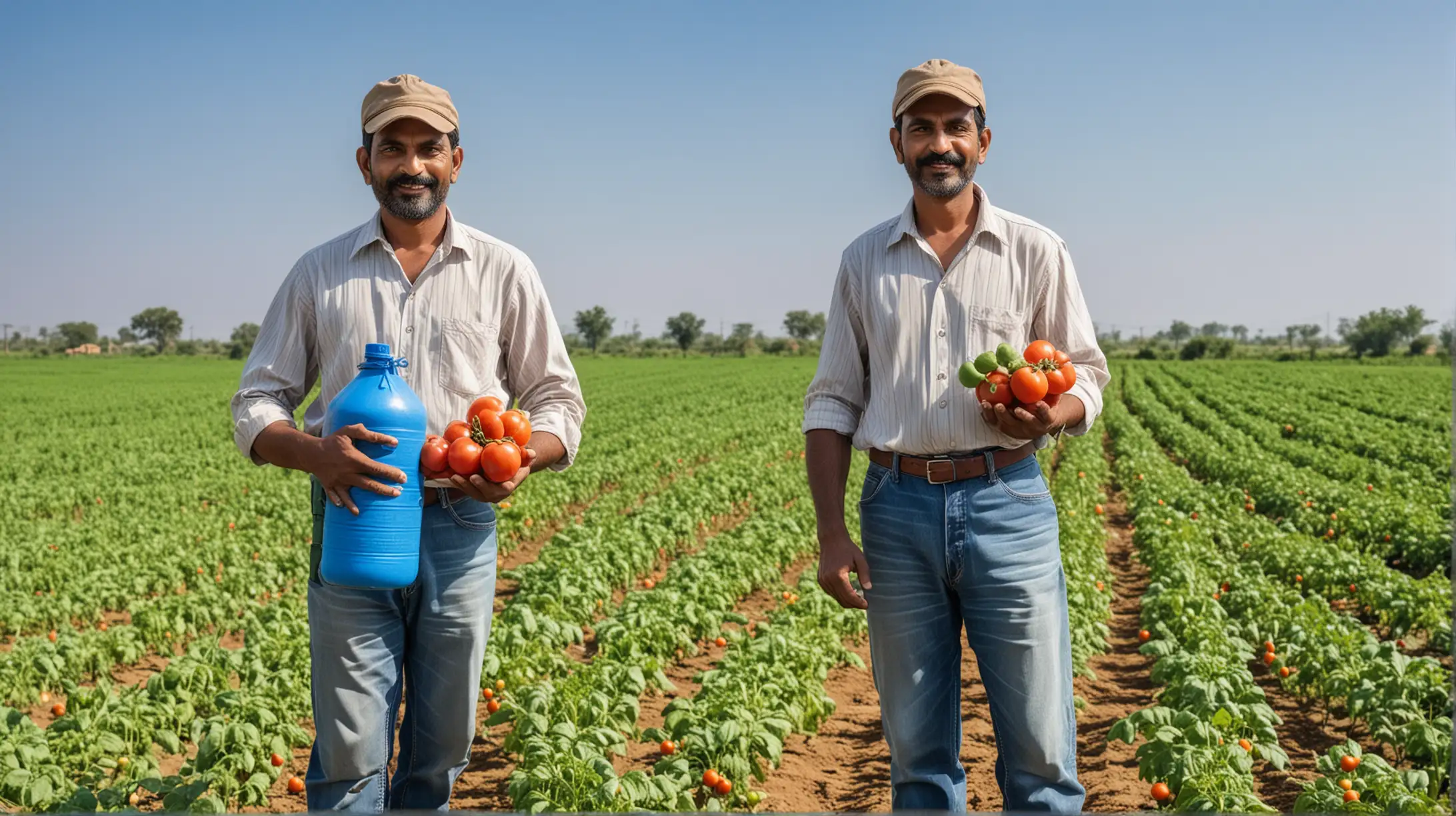 Indian farmer holding a 1-liter fertilizer bottle in the background there are tomato field, showing clear blue sky and panoramic view of tomatoes field