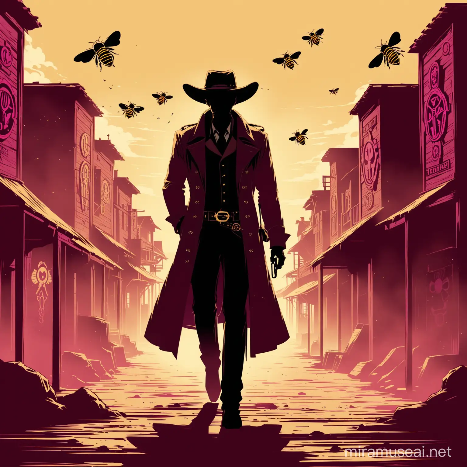 Bee - outlaw sillouette 
appreance- full body/  western attire/ revolvers on hip /noir baige maganta/smoking/ walking/  trench coat/ bee-runes/ glyphs/ 
background- noir western town/ 