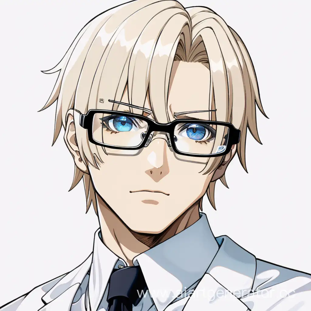 мужчина с бежевыми волосами голубой глаз в белой рубашке с черным галстуком в черных очках белый фон аниме