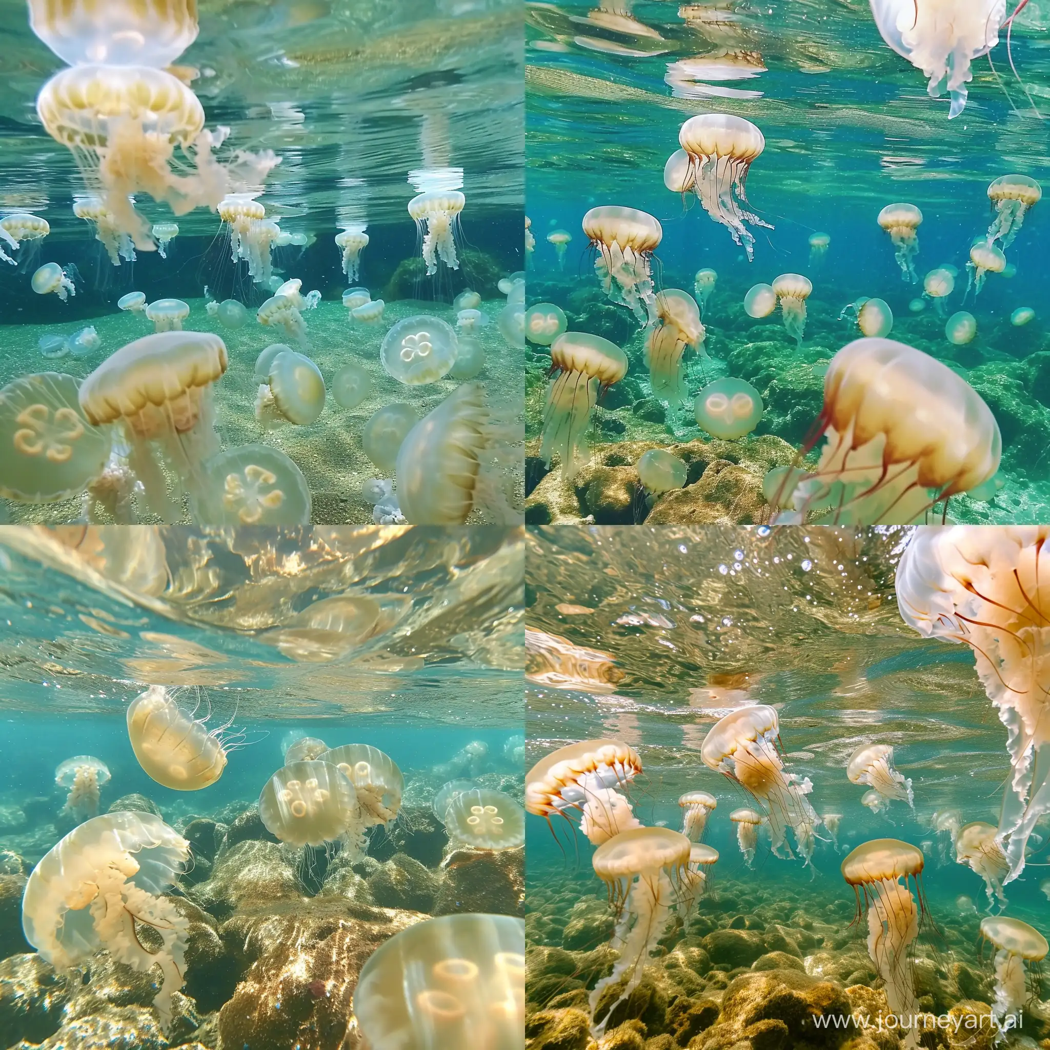  lots of jellyfish on the beautiful ocean floor.