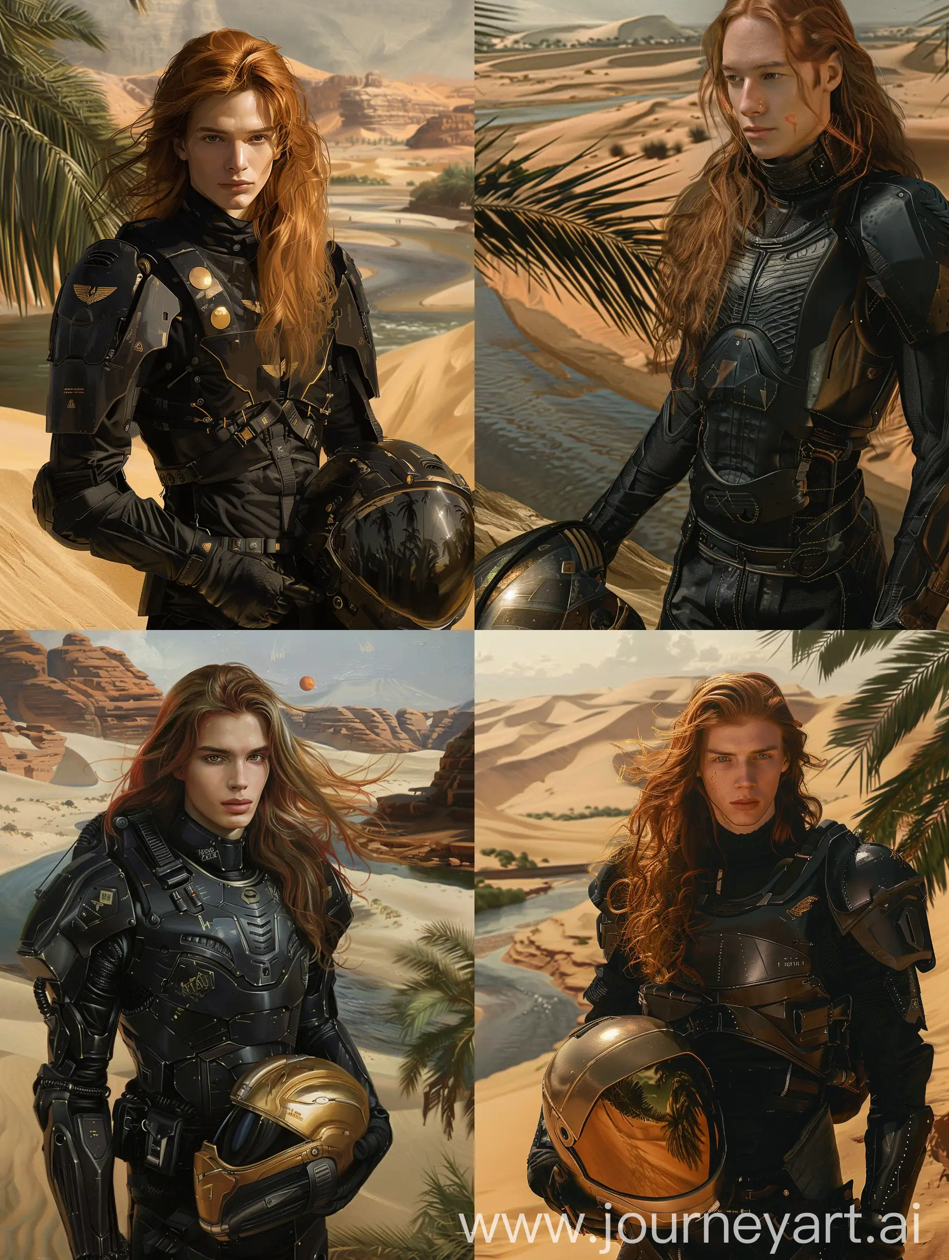 Young Space Prince with GoldRed Hair and Helmet in Hand Amidst Desert ...