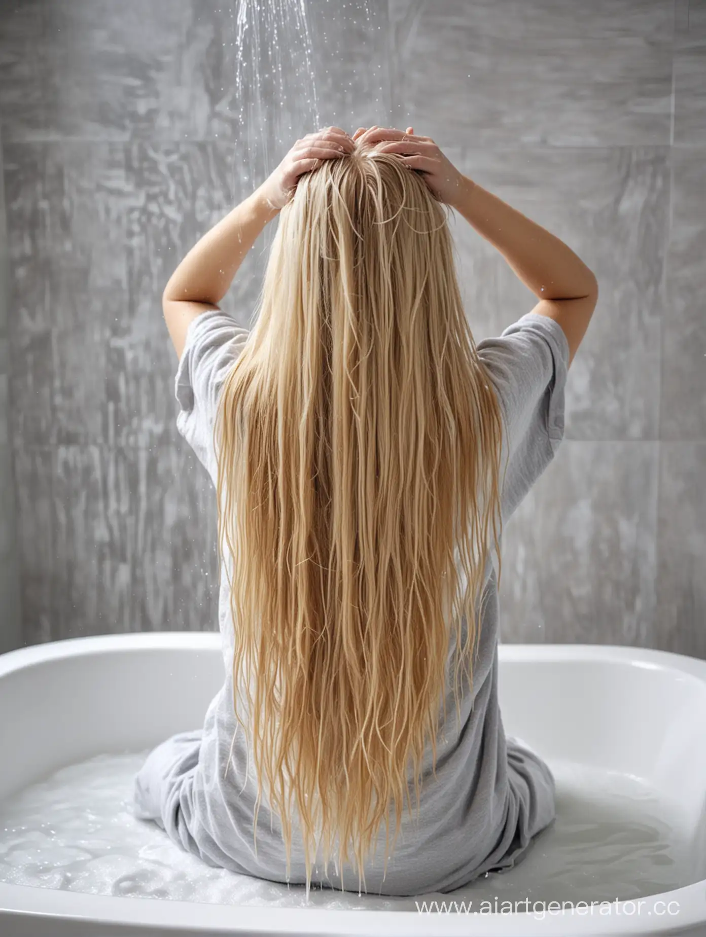 Blonde-Girl-Washing-Hair-in-Light-Gray-Bathtub