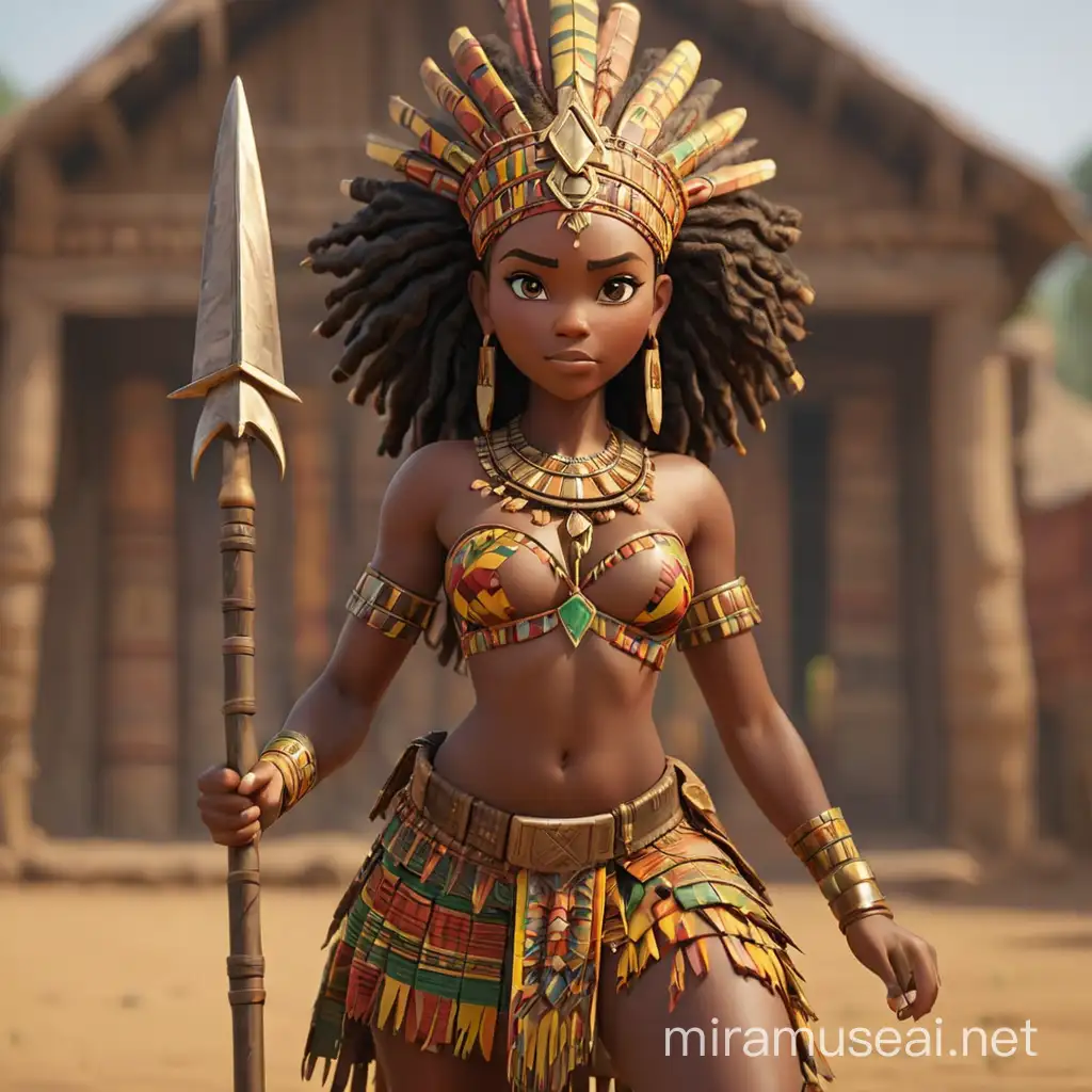3D animation, Ghana Ashanti Queen, wrapped in kente, warrior, holding spear and shield,looking into the camera, knee level portrait, high resolution, detailed, blurred background