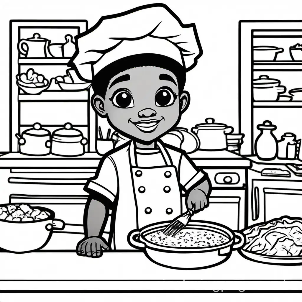 African american non binary kid as a chef, Coloring Page, black and white, line art, white background, Simplicity, Ample White Space. The background of the coloring page is plain white to make it easy for young children to color within the lines. The outlines of all the subjects are easy to distinguish, making it simple for kids to color without too much difficulty