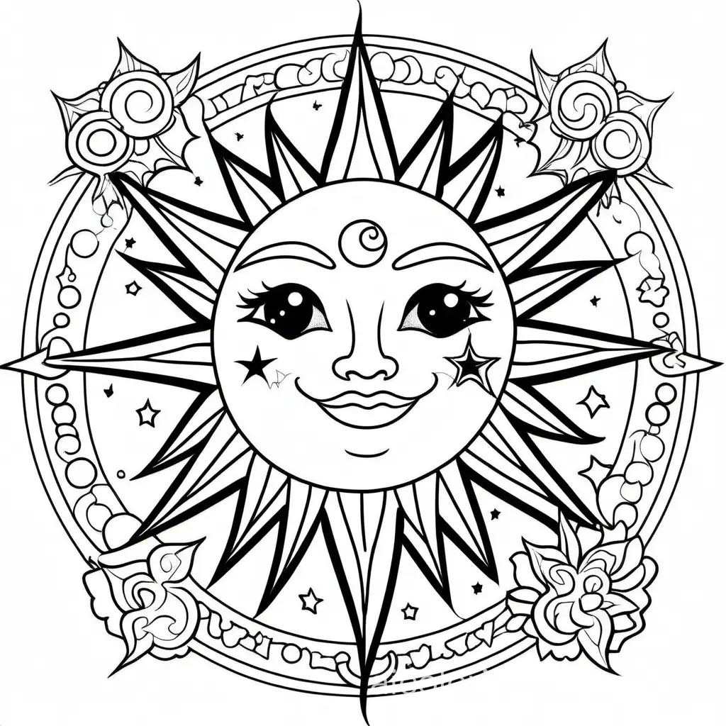 an adult coloring page of a cute sun and moon cosmo style. Add very detailed cosmo artwork around the sun and moon. Put eyes noses and mouth on the sun and moon. Make it very detailed., Coloring Page, black and white, line art, white background, Simplicity, Ample White Space. The background of the coloring page is plain white to make it easy for young children to color within the lines. The outlines of all the subjects are easy to distinguish, making it simple for kids to color without too much difficulty