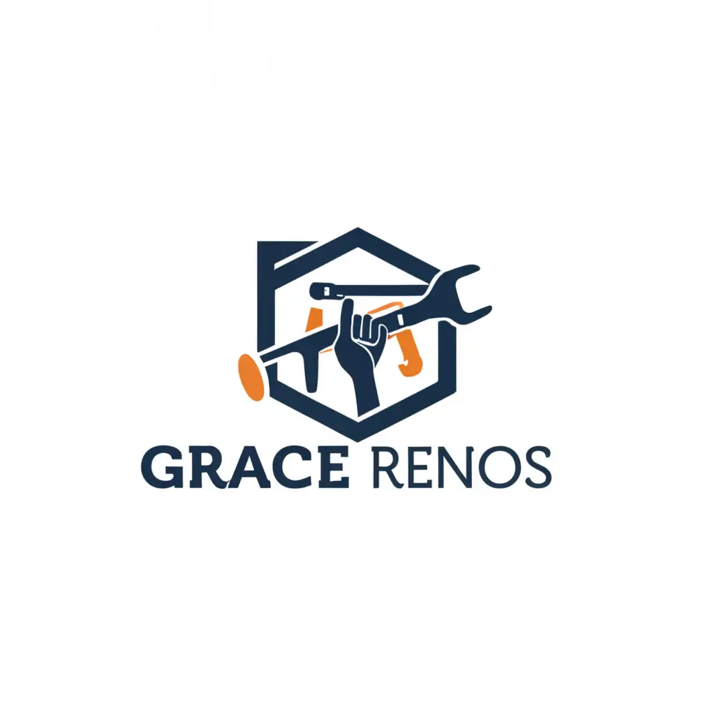 a logo design,with the text 'Grace Renos', main symbol: renovation, moderate, be used in renovation industry, show hammer, screwdriver and hat, clear background, navy blue + orange + yellow in colour