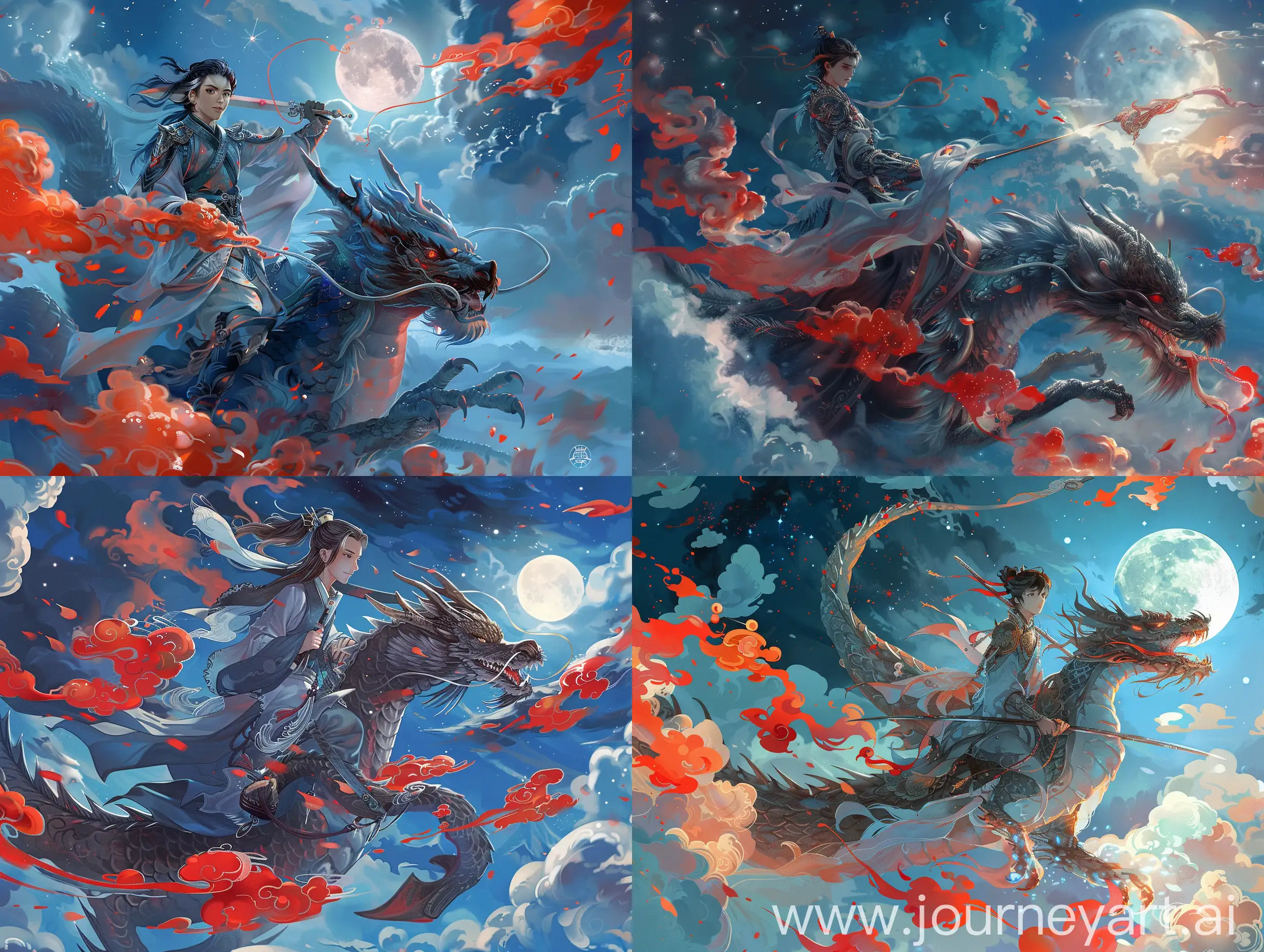 Young-Man-Riding-Dragon-in-Elegant-Style-Surrounded-by-Auspicious-Clouds