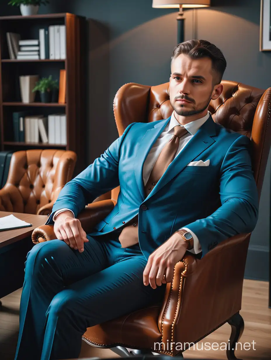 faça um homem com uma postura de poder e elegância sentado numa poltrona em um escritório de forma pensativa e concentrada , com um tom de extremo foco no olhar