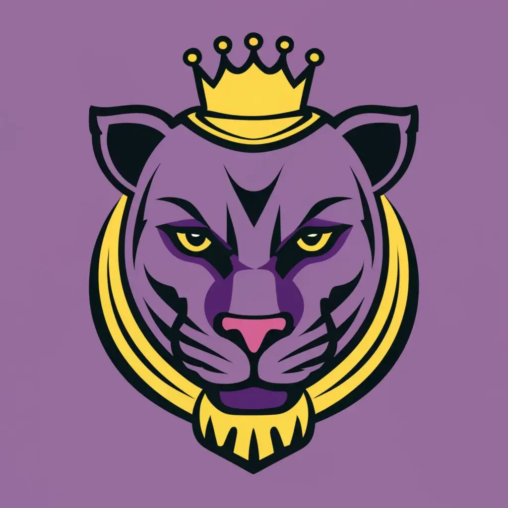 logo, a purple panther with a small crown, with the text "prince panther", typography