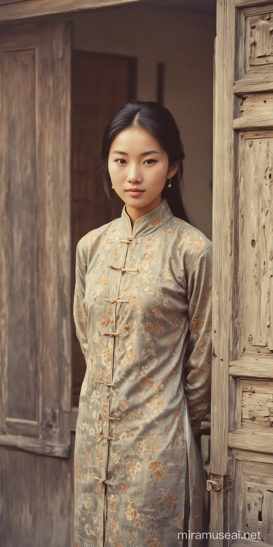 一张老照片，70年代的中国，18岁中国美女，像林心如，在老房子门口。
