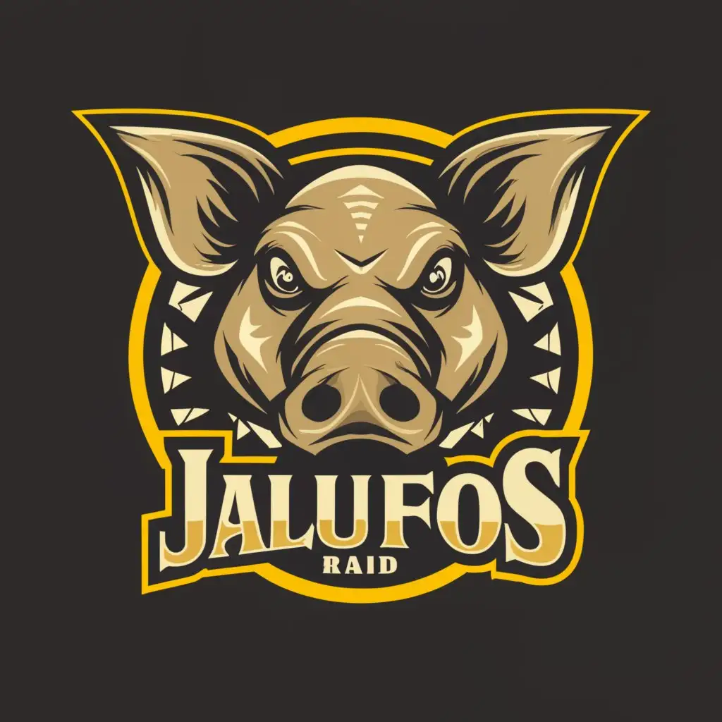 a logo design, with the text 'JALUFOS RAID', main symbol: A PIG'S FACE, complex, to be used in Entertainment industry, clear background, face of the pig more aggressive, more Sahara desert inspiration, more tuareg look, mouth aggressively open, 4x4 tyre silhouette around logo, more mad max post apocalyptic