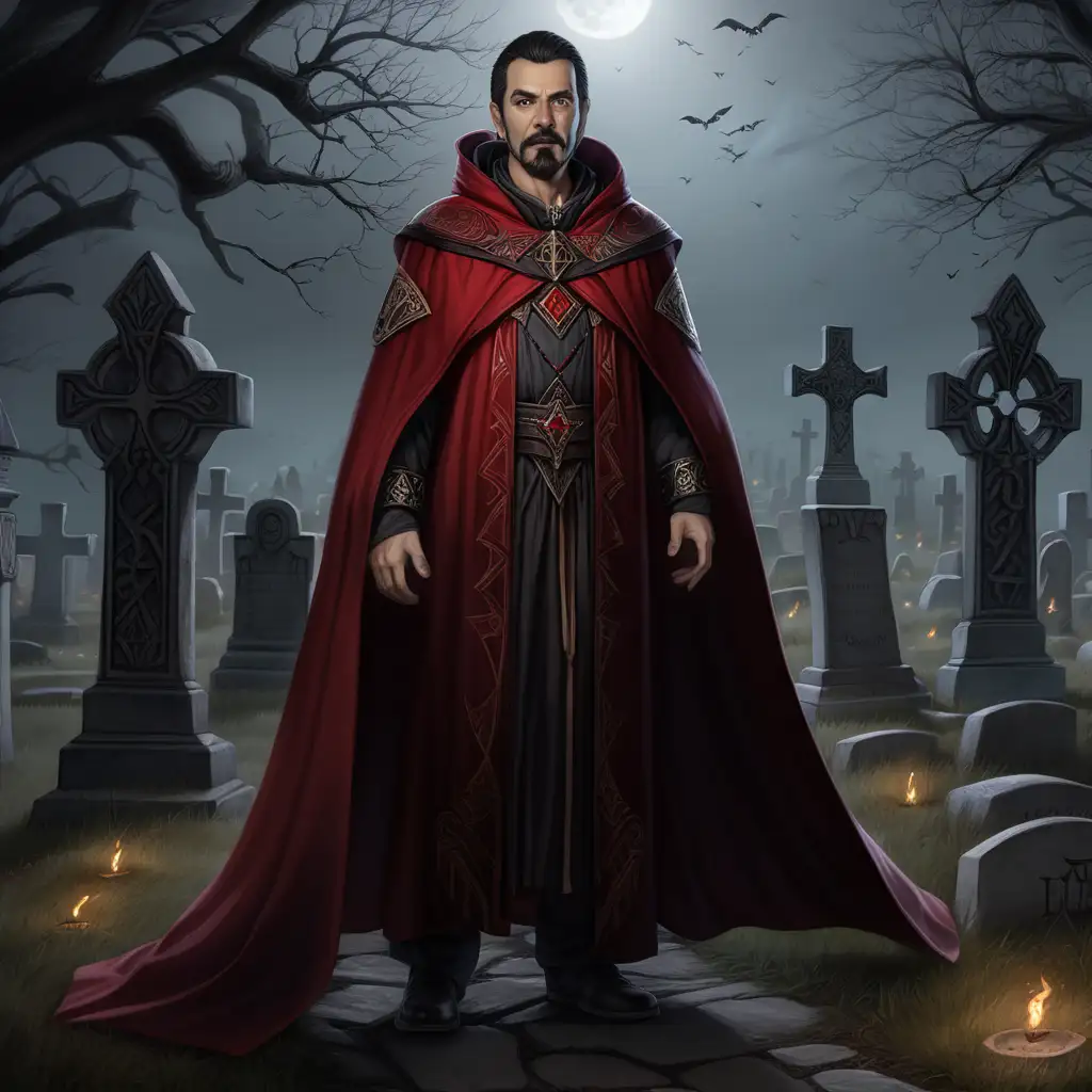 Generate a full-length portrait of a male mid-aged human necromancer, pale skin, brown eyes, Short black hair with some gray lines on each side, with a goatee. He is wearing a red cloak and red tunic with some magic runes and golden details. He is standing in a creepy cemetery at midnight casting a spell to raise the dead. The background should capture his evilness with dead bodies raising from their toombs.