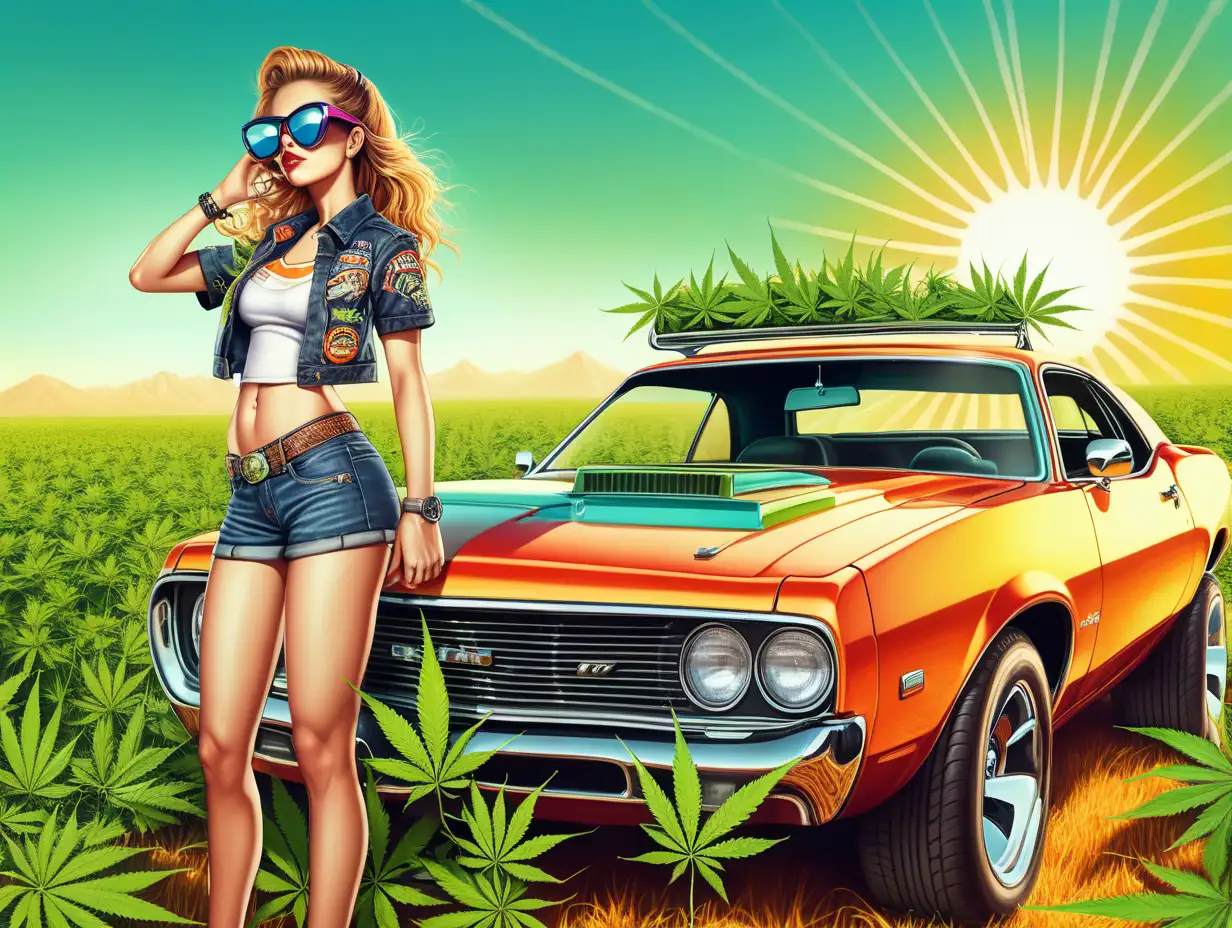 A Sexy Female Mechanic wearing sunglasses in a field of cannabis, standing in front of a Hot Rod, with rich colors, futuristic look, bright sun colors
