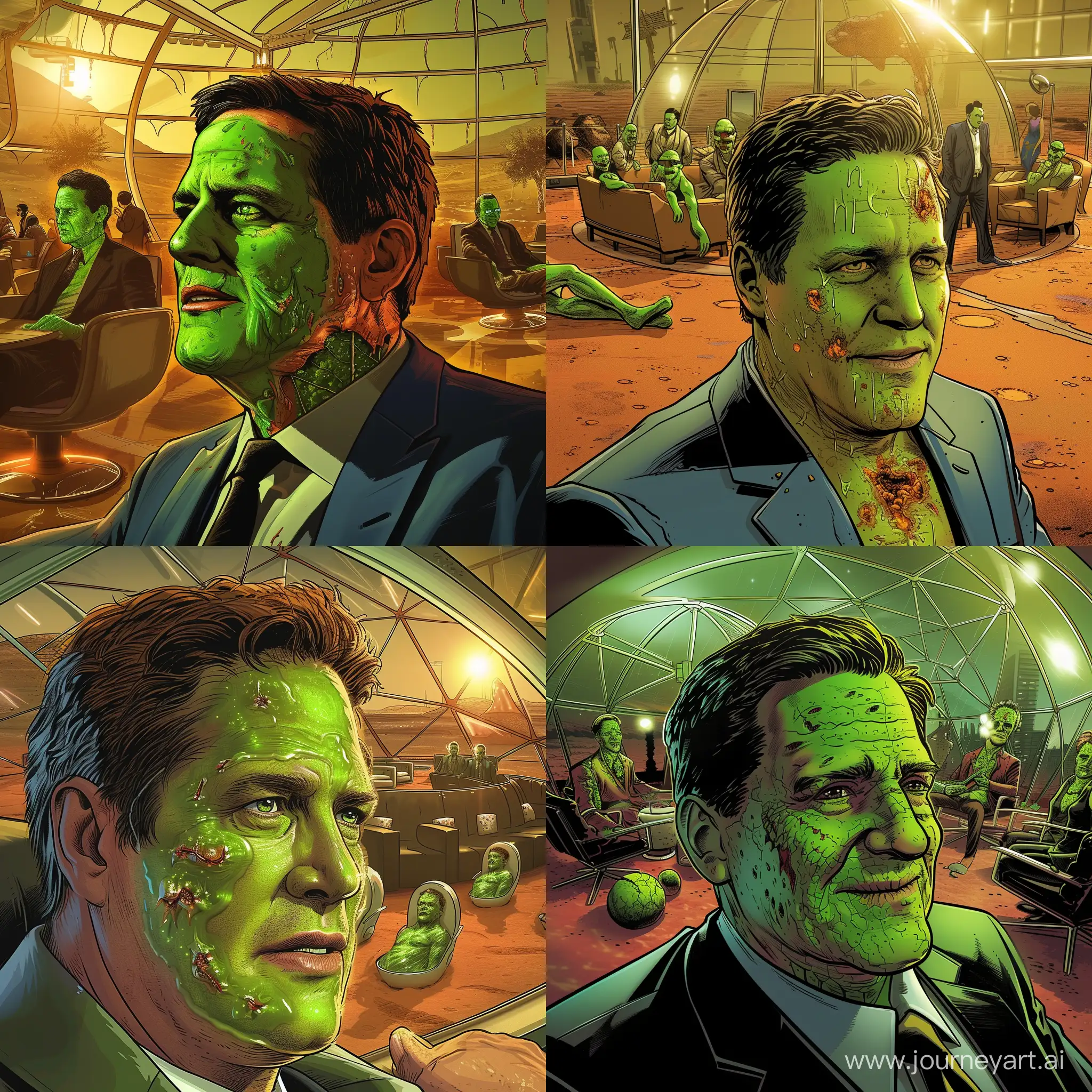 Sci-fi comic book style. Sickly Mark Cuban  with bright green skin. Inside an executive lounge in a glass dome on mars. Other billionaires with green skin in the background.