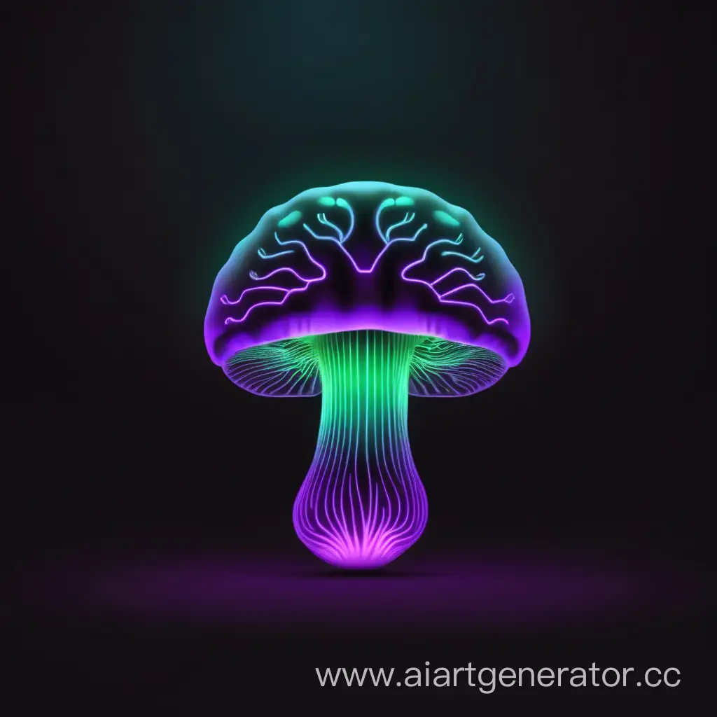 Фиолетово-зеленый светящийся гриб в форме мозга на черном фоне