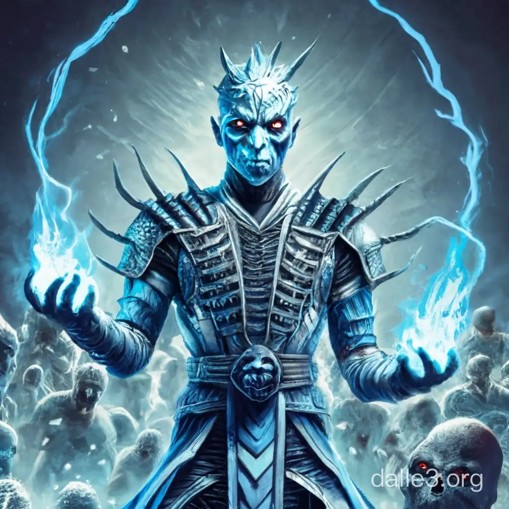 Night King in Mortal Kombat 9 attire, wielding blue sorcery flames with electric sparks, exuding an aura of fierceness and relentless power amidst an army of undead. Hyper Realism style