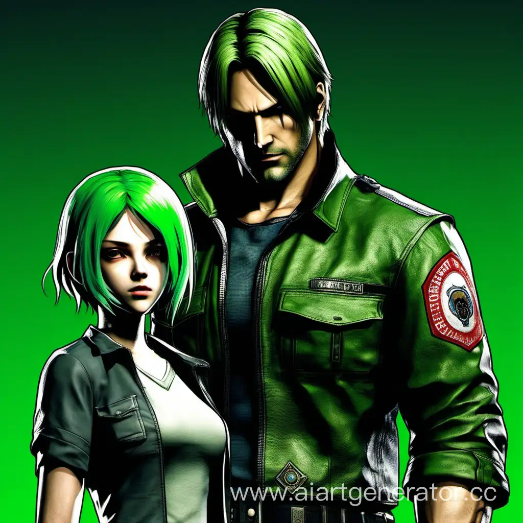 Leon Kennedy with girl with green hairs