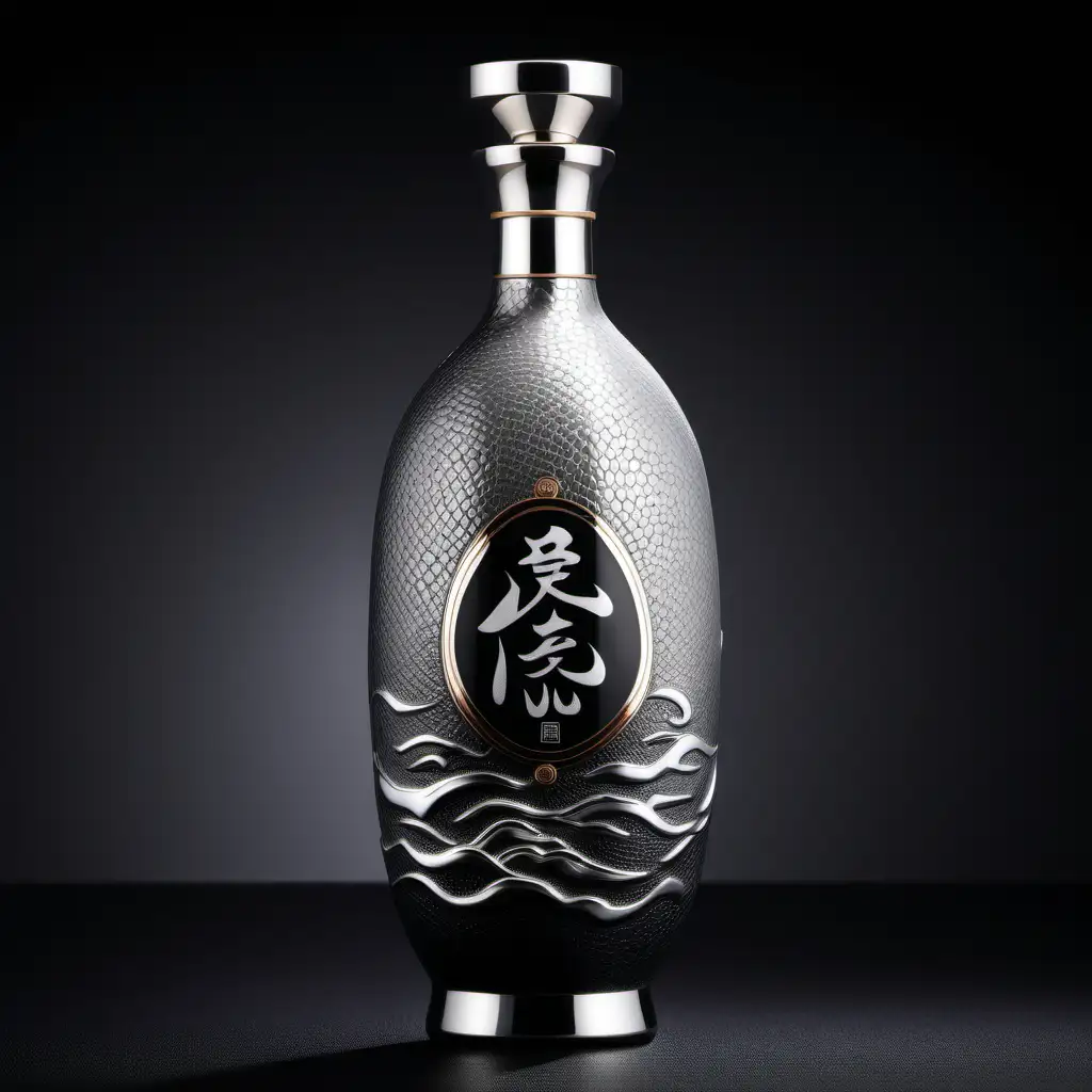 Chinese liquor bottle design, high end liquor, 500 ml ceramic bottle, brand name 玖莼, photograph images, high details, silver and black texture, simple and abstract texture, various bottle shapes