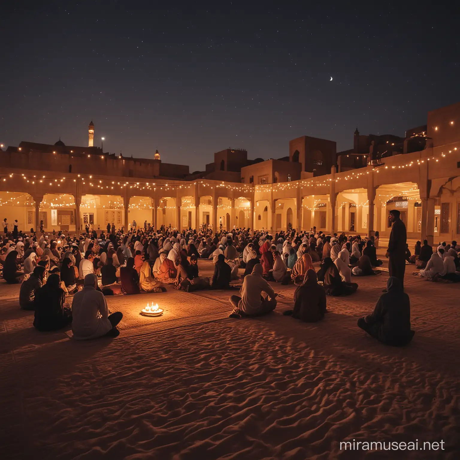 The tranquility of Ramadan illuminated by soft lantern light, capturing the serenity, spirituality, and community gathering with a wide-angle lens during the evening, in a warm and inviting style, reminiscent of traditional film photography --ar 4:5
