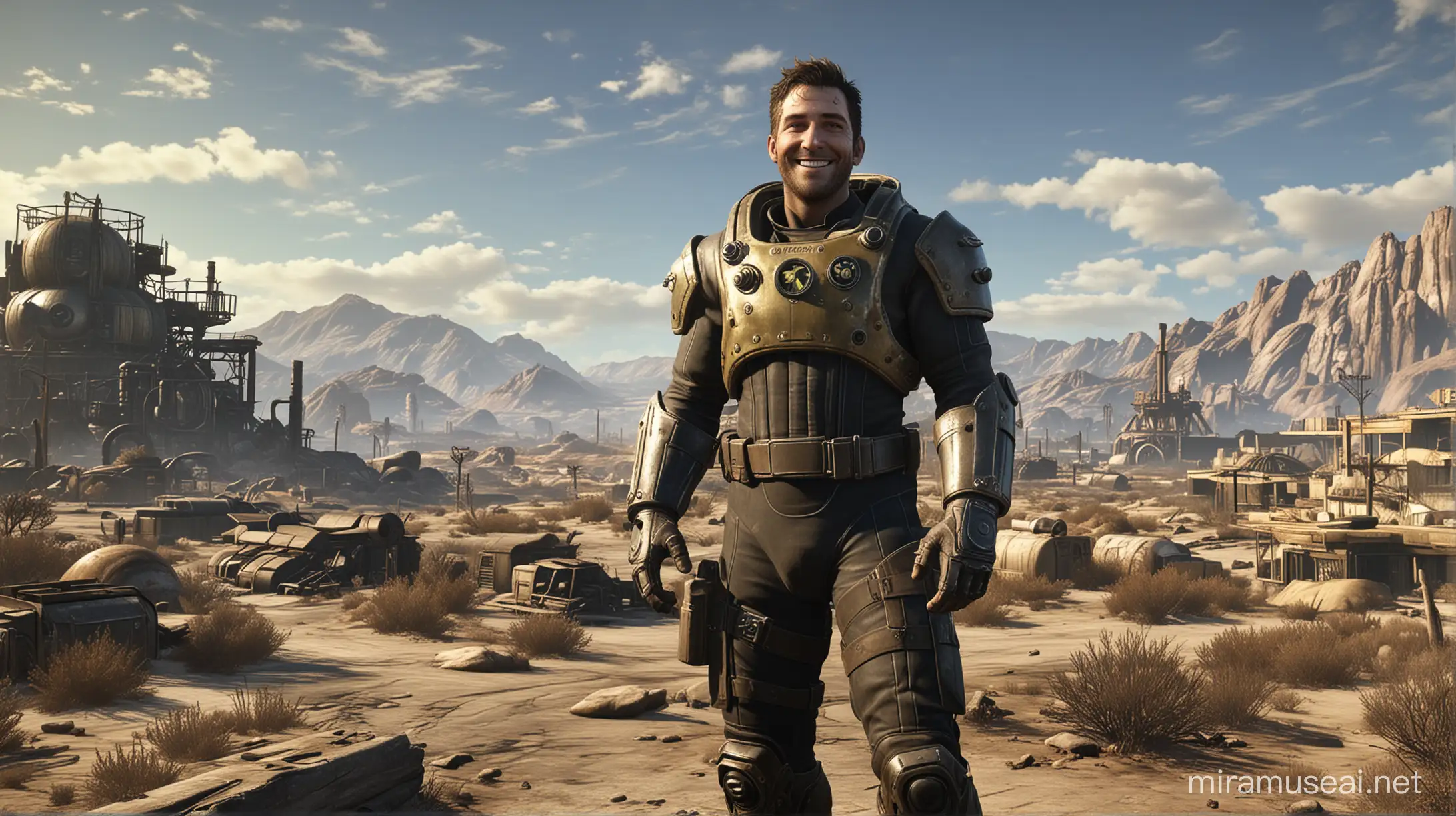 game graphics, fallout 4,man smiling wearing a fallout vault 33 suit, wasteland in the background.