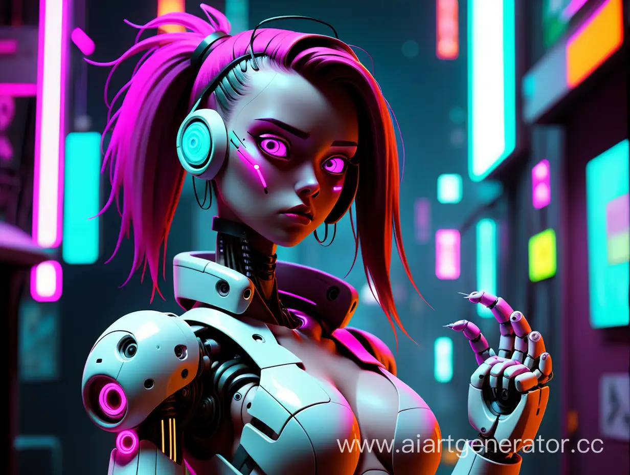 робот, девушка, киберпанк, неон, будущее