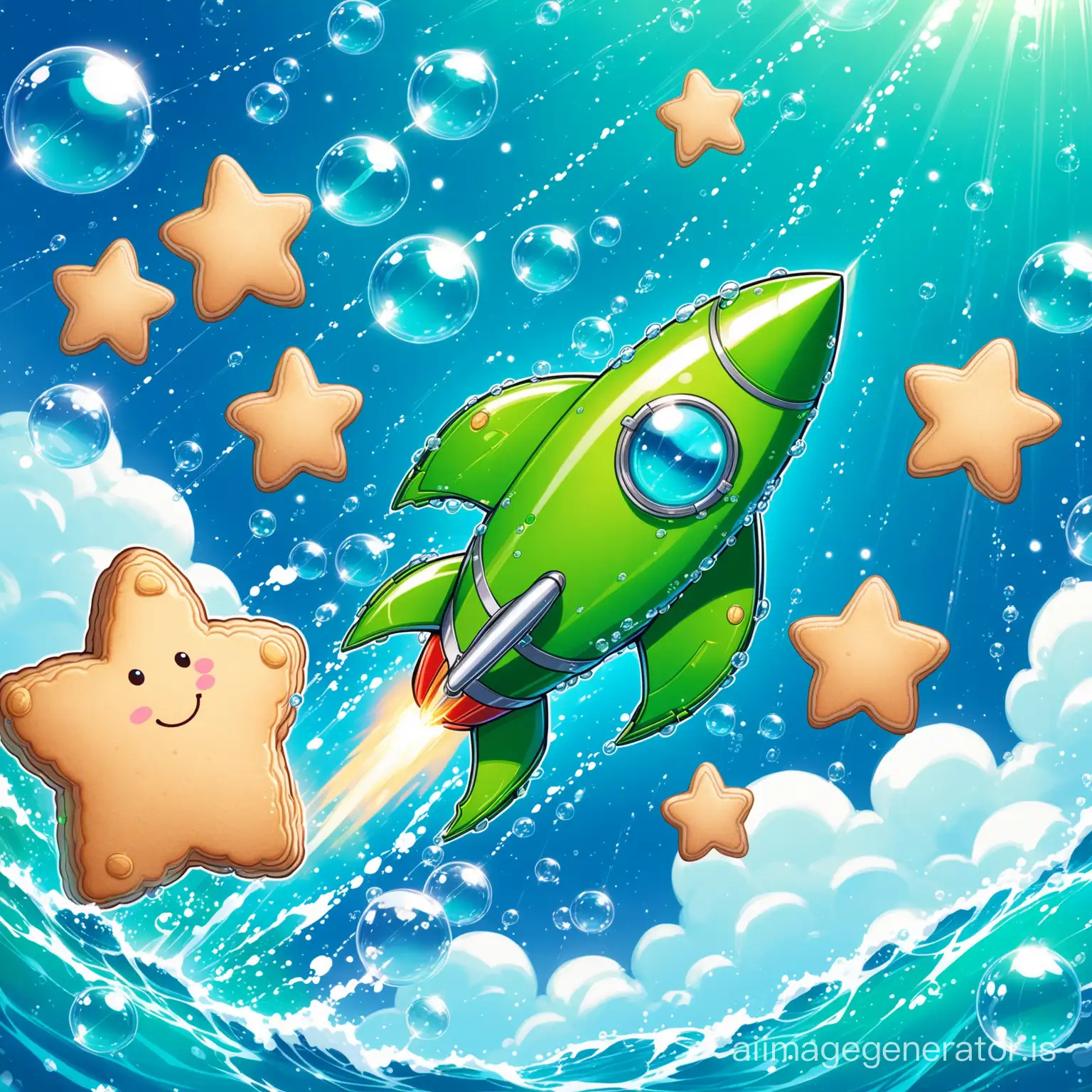 A  happy cute  green rocket  in upper sea
blue bubbles are in sky
also we have  cute cookie rain
Details are evident beautifully and with great precision + high quality