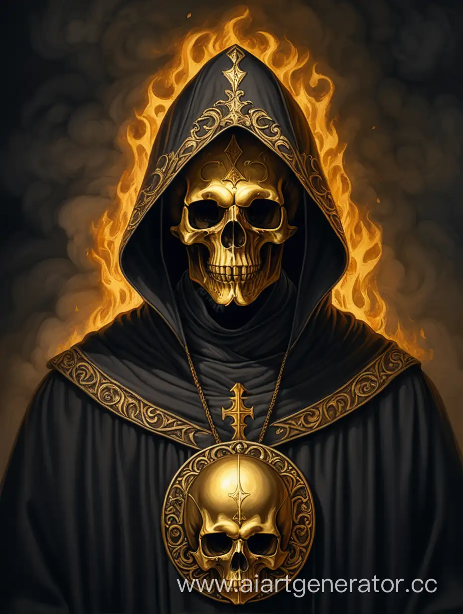 A monk in a golden mask in the form of a skull under a hood in a black robe. Middle Ages in hell. beautiful drawing
