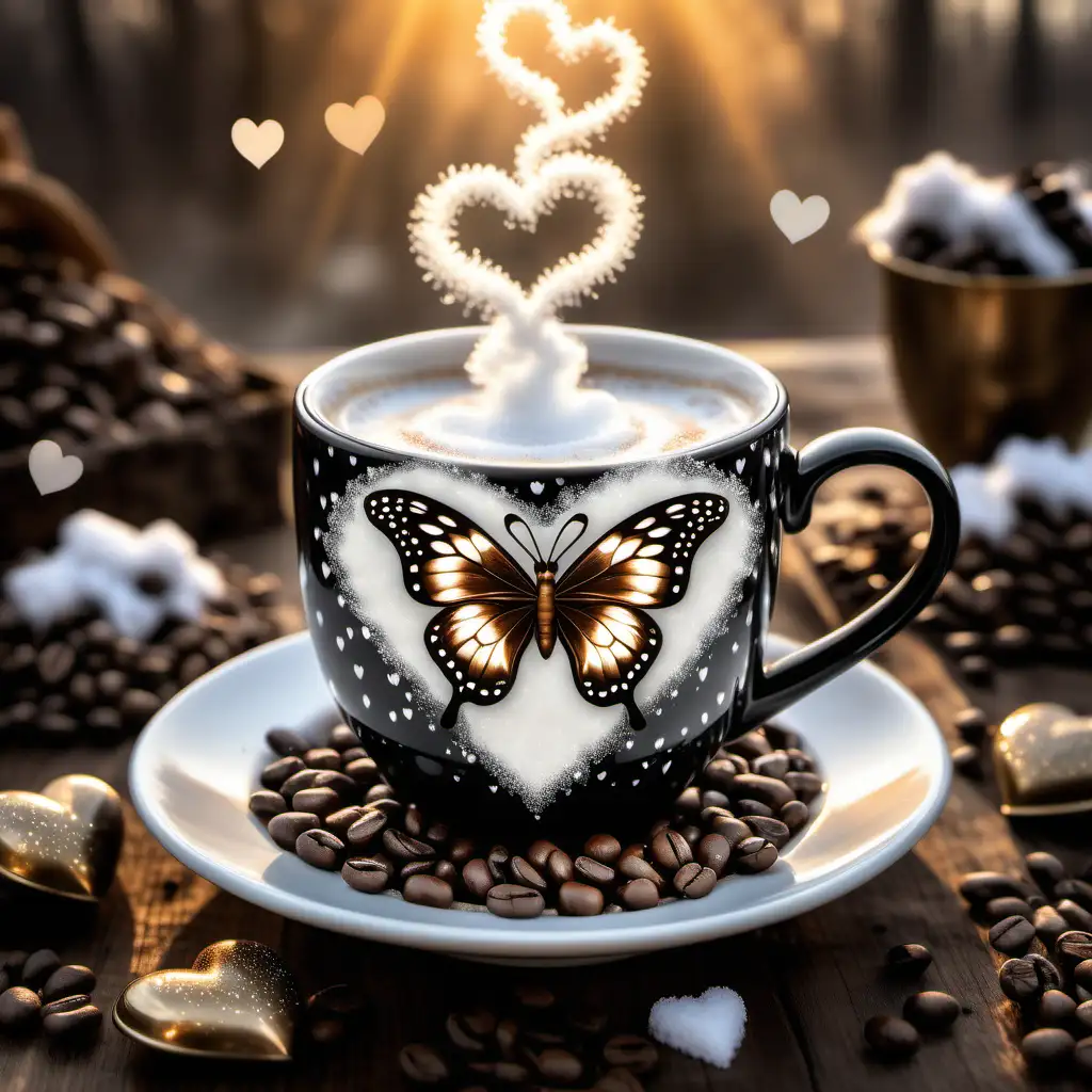 Butterfly coffee cup, coffee beans, froth, steam in the shape of hearts, buffalo check pattern in white and black, glittersplash, glitter dust, sparkle, in a beautiful winter country setting, bronze color, mother of pearl, sun rays, multi colored sky line, snow drop flowers