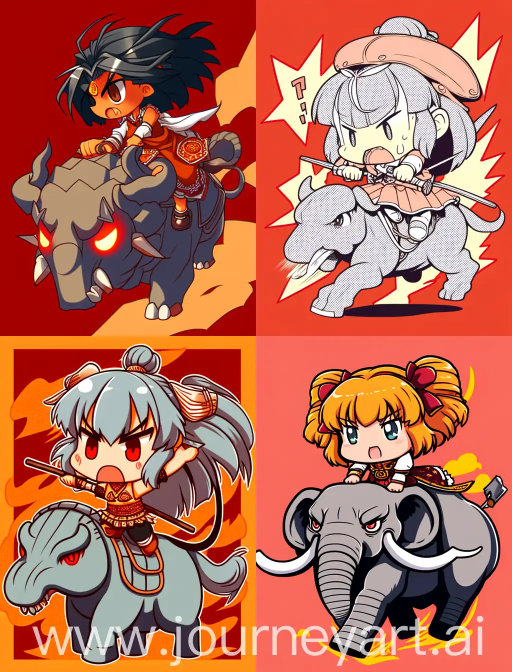 angry chibi anime girl riding an elephant, cartoon anime style, with strong lines, with orange solid background