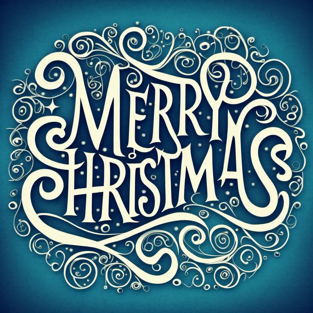 MERRY CHRISTMAS, CURLY SCRIPT, BLUE BACKGROUND
