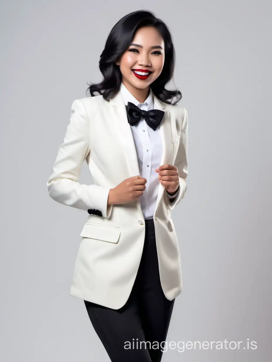 Confident-Indonesian-Woman-in-Ivory-Tuxedo-with-Black-Pants-and-Bow-Tie-Smiling