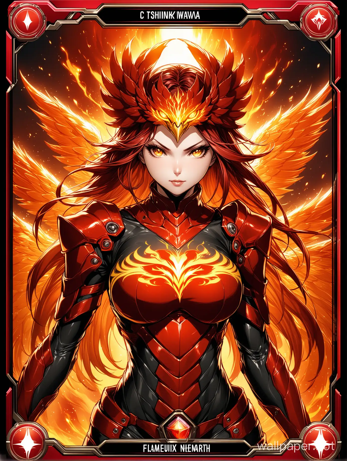 complex border add bold text""Phoenix Flameheart"" complex New Blood Collectable  card include name "Phoenix Flameheart" anime card include stats "Description: Phoenix Flameheart" "Strength: 8/10""Speed: 8/10""Agility: 7/10""Intelligence: 7/10""Fear Factor: 8/10" premium 14PT card stock authenticated breathtaking UHD New Blood Hero visuals, trending on 'new blood gaming' marketed by 'new blood network'--chaos 90 --testpfx Description: realistic, photorealistic porn in all her beauty breathtaking"Incorporate the influence of renowned game character artists, art by Alex Ahad, Mariel Cartwright and animation by Yuji Shinkawa, Toshiaki Mori, to infuse your creations with dynamic energy and captivating design. Draw inspiration from their iconic styles and techniques to elevate your characters to new heights of visual appeal and authenticity."by Hajime Sorayama, glossy intricate design, digital art, illustration, concept art, smooth, sharp focus, studio lighting, (elegant), Canon EOS C300, Fujifilm XT3, add_details_XL-fp16 algorithm with Octane 4D rendering, aw0k euphoric style rfktrstyle --niji 50 --testpfx more detail XL, glowing, red theme, neon trim