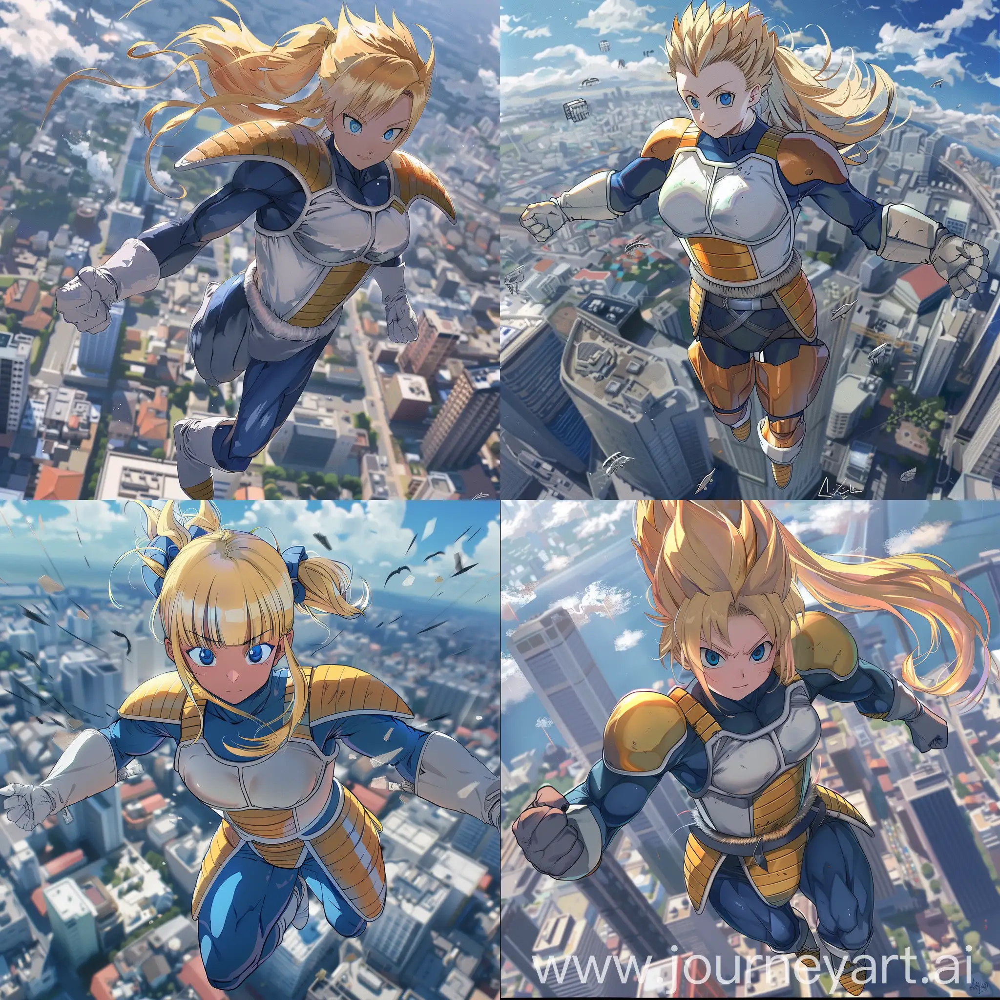 anime girl in vegeta armor, full body shot, blue eyes, blonde, beautiful, gorgeous, hot, flying over city, ponytail