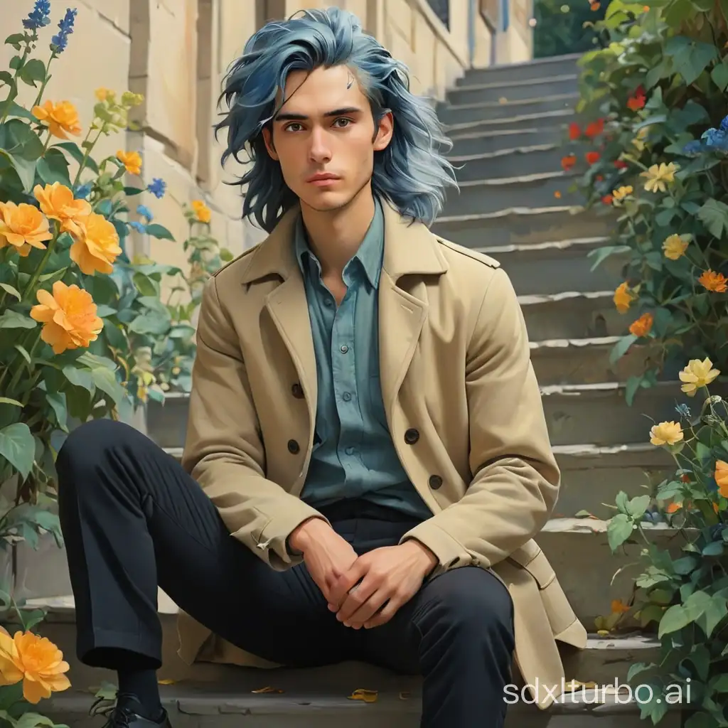 Young adult (early 20s) in beige shirt and black pants wearing a Halston Frowick coat, long blue hair, with disoriented expression on his face, sitting on some stairs surrounded by flowers (good anatomy). Colorful gouache on paper. Impressionism. By Claude Monett.https://historia-arte.com/artistas/claude-monet. Slight blur, skin glow, cool blue and green colored background. Cool natural light from upper right creates dark shadow. Choppy shot, cowboy shot. Beautiful, serene, peaceful.