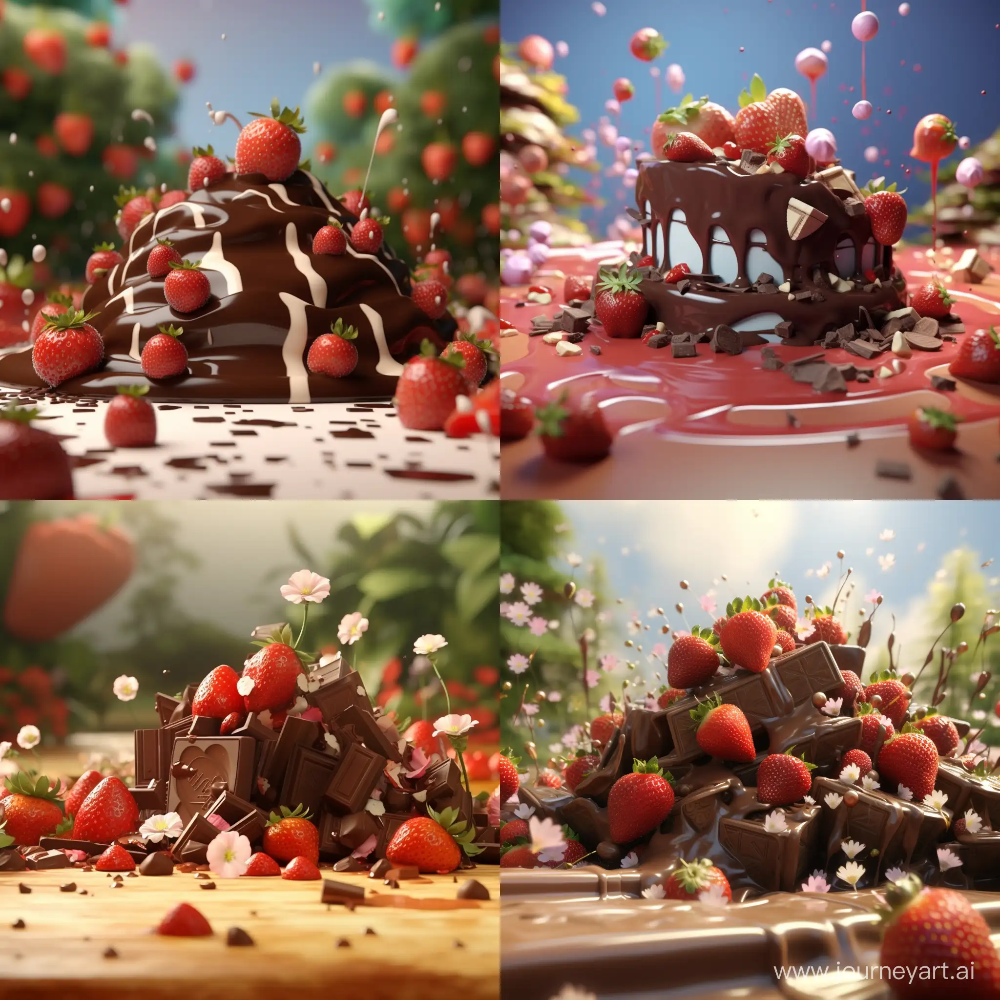 Lots of strawberries and chocolate. 3D animation 
