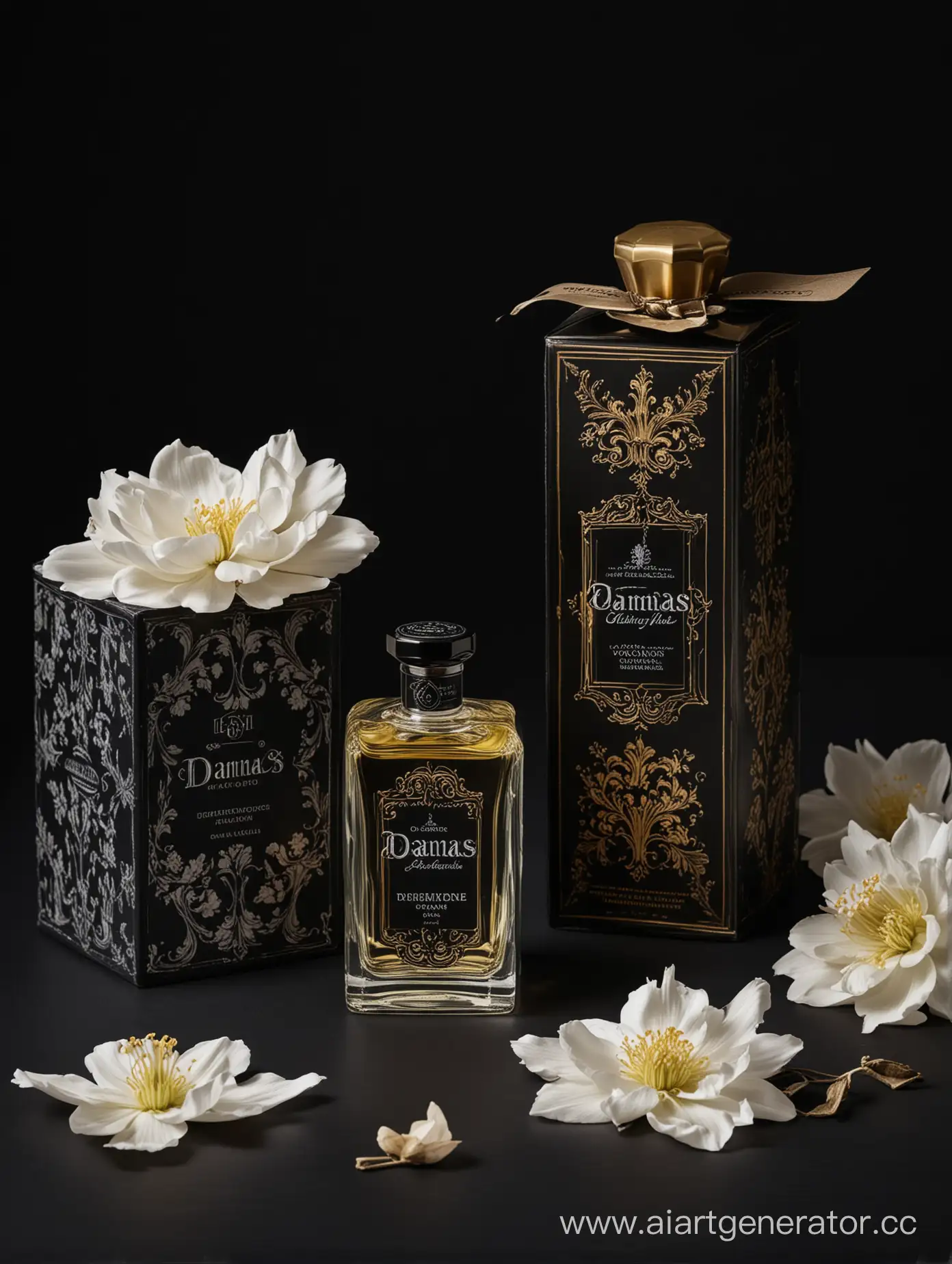 a bottle of damas cologne sitting next to a box, a flemish Baroque by Demetrios Farmakopoulos, instagram contest winner, dau-al-set, dynamic composition, contest winner, feminine
black background