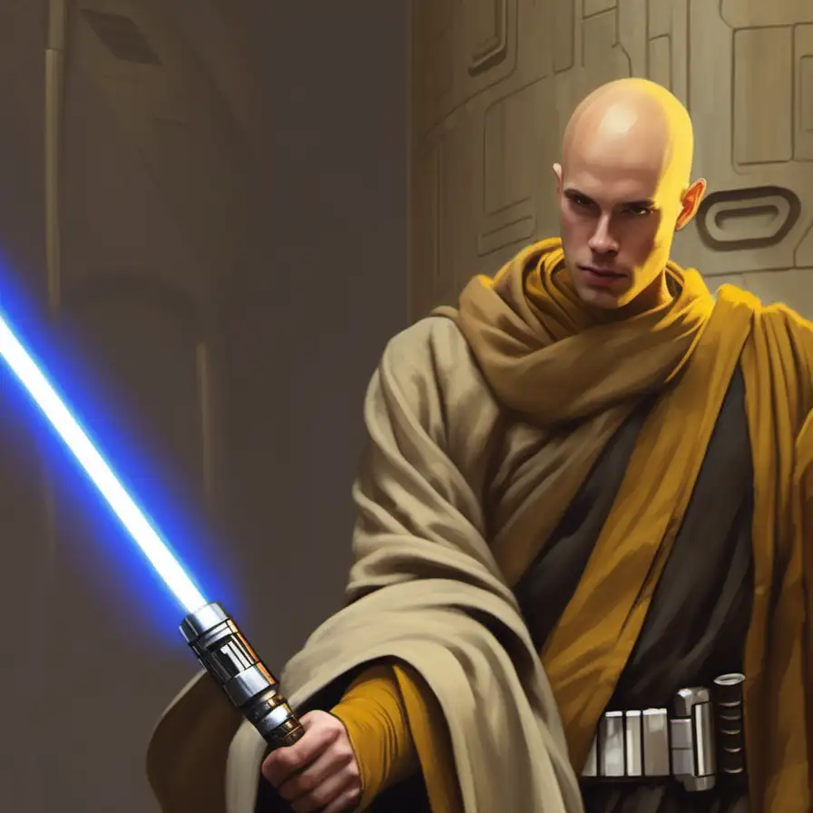fit bald young man, yellow skin, Jedi robes, lightsaber, Star Wars art