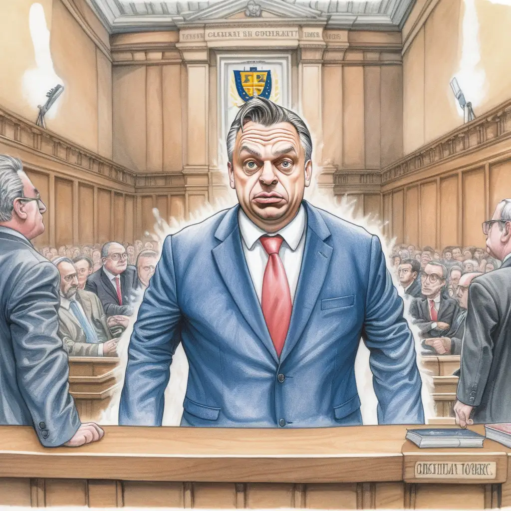 Create an image of Viktor Orban being convicted in the EU's court of justice. The image must be in the style of Matt Wuerker