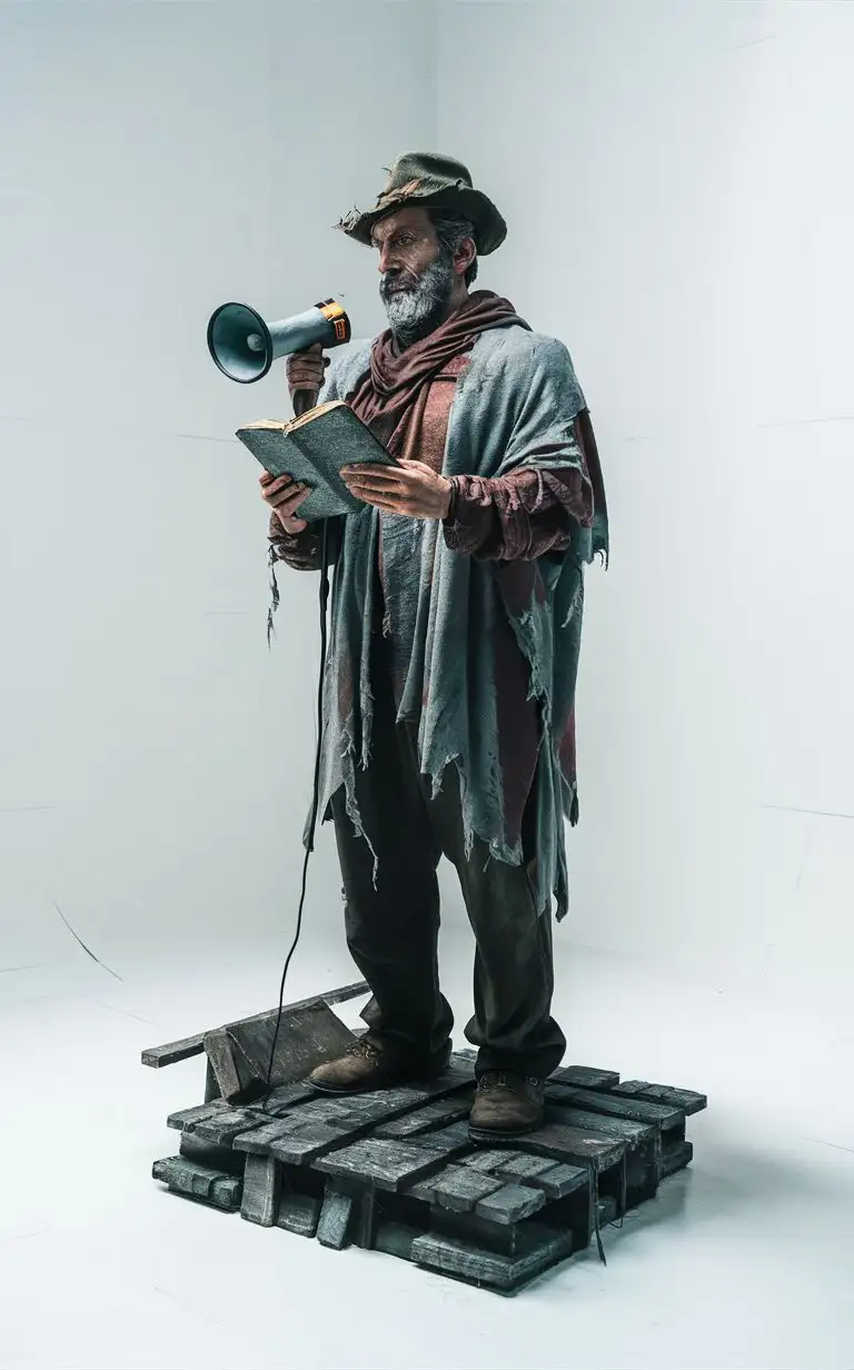 Full body shot of a male post-apocalyptic street preacher standee, White background