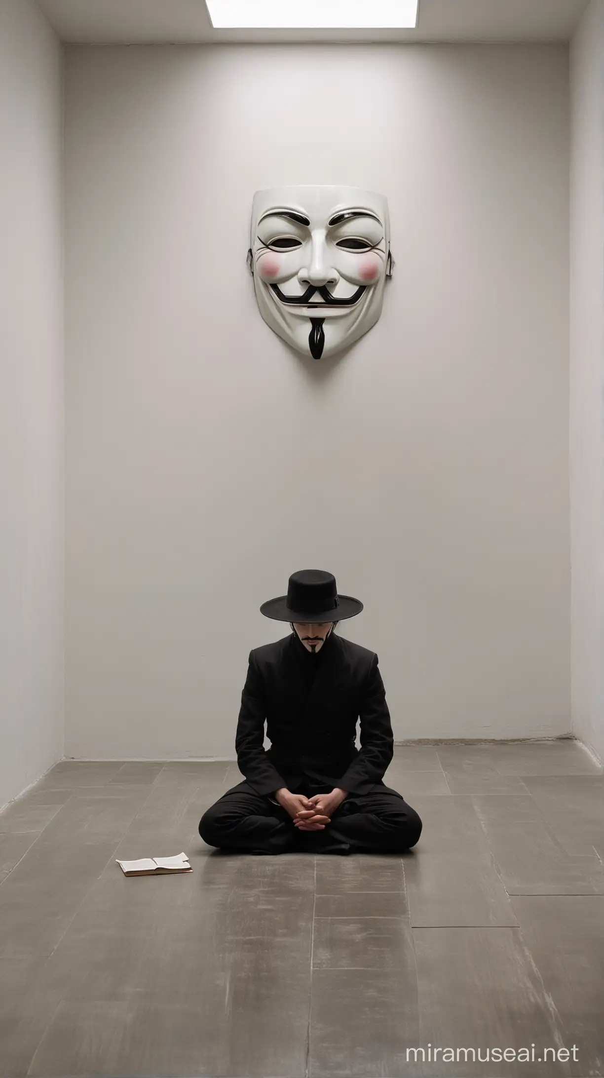 V For Vendetta sits in a dark white room wearing formal clothes and meditates alone 
