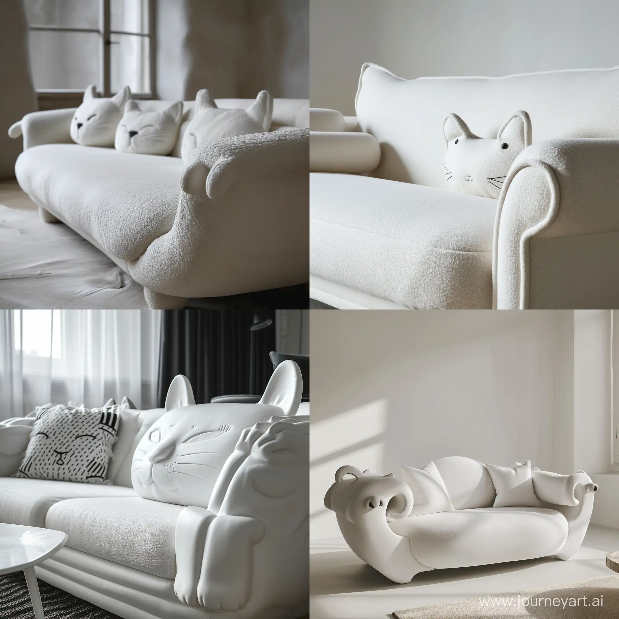 White sofa with handles in the shape of a cat's head