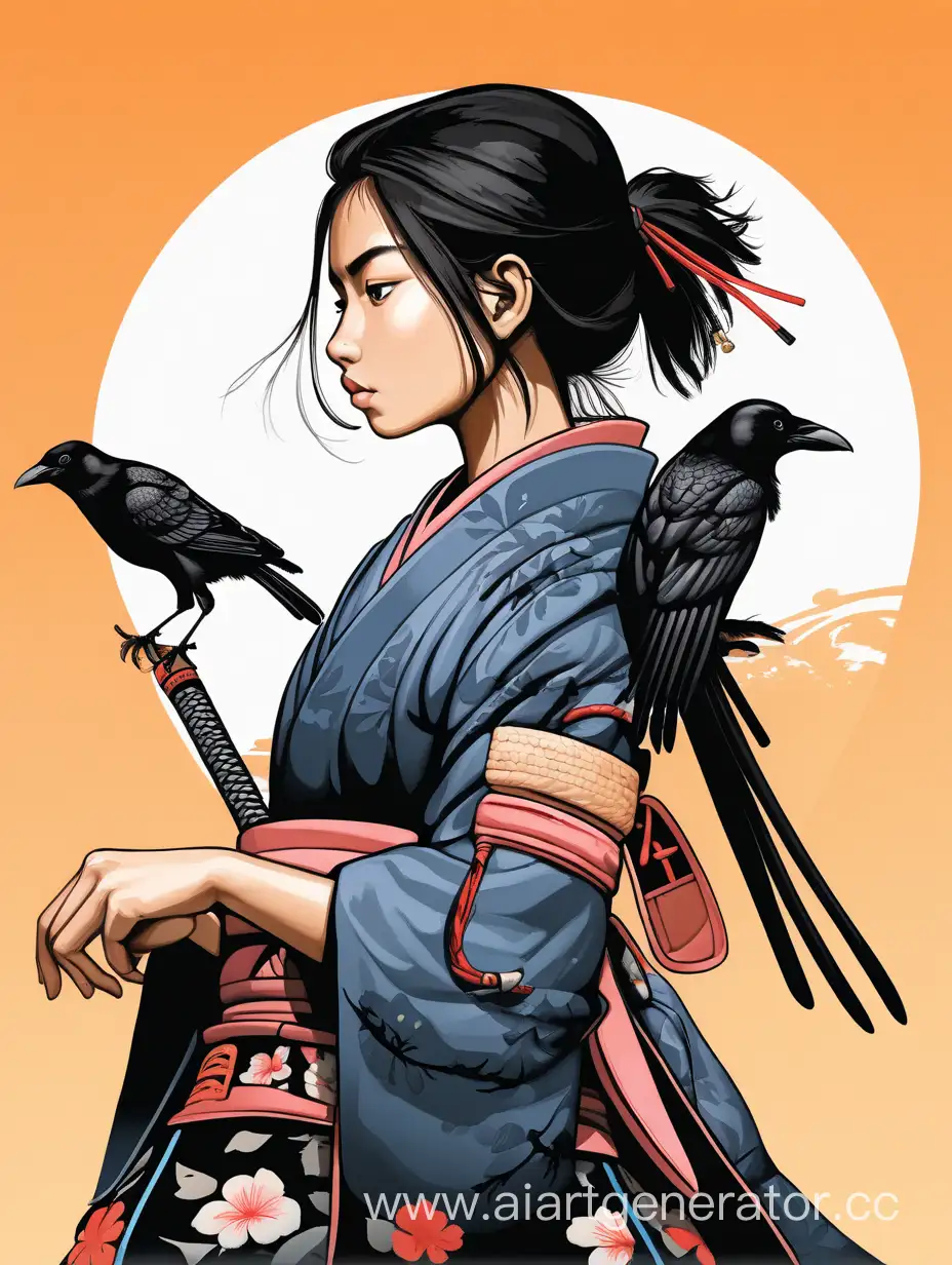 Girl-Samurai-with-Crow-on-Shoulder-in-Bright-Scenic-Setting