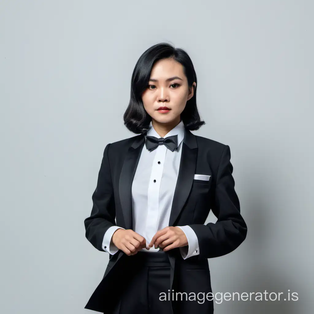 a stern Vietnamese woman with shoulder-length hair wearing a tuxedo with a white shirt and a black bow tie, black pants