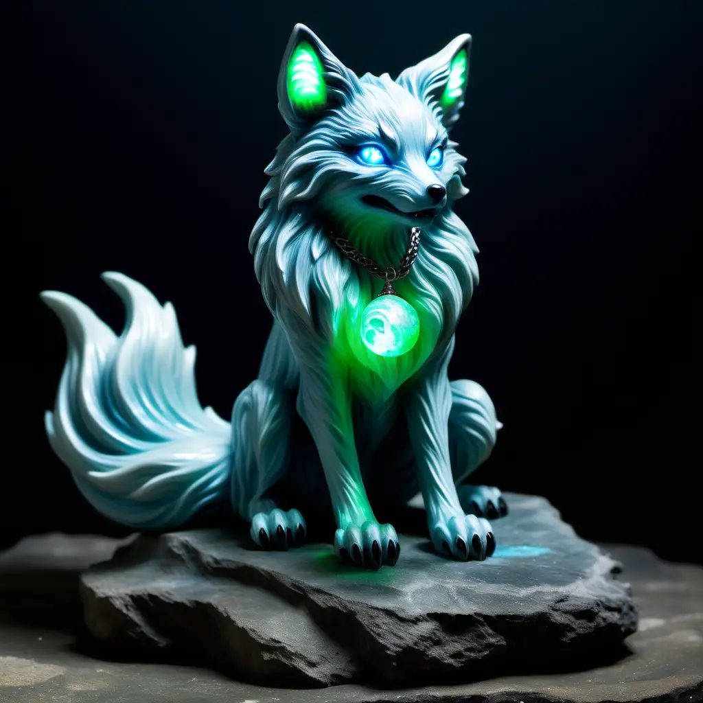 一只幽魂狐狸，坐在石头上，侧面，全身长毛，邪恶，露出尖牙，妖魅，幽蓝色眼冒绿光，九条尾巴，颈部挂着夜光珠