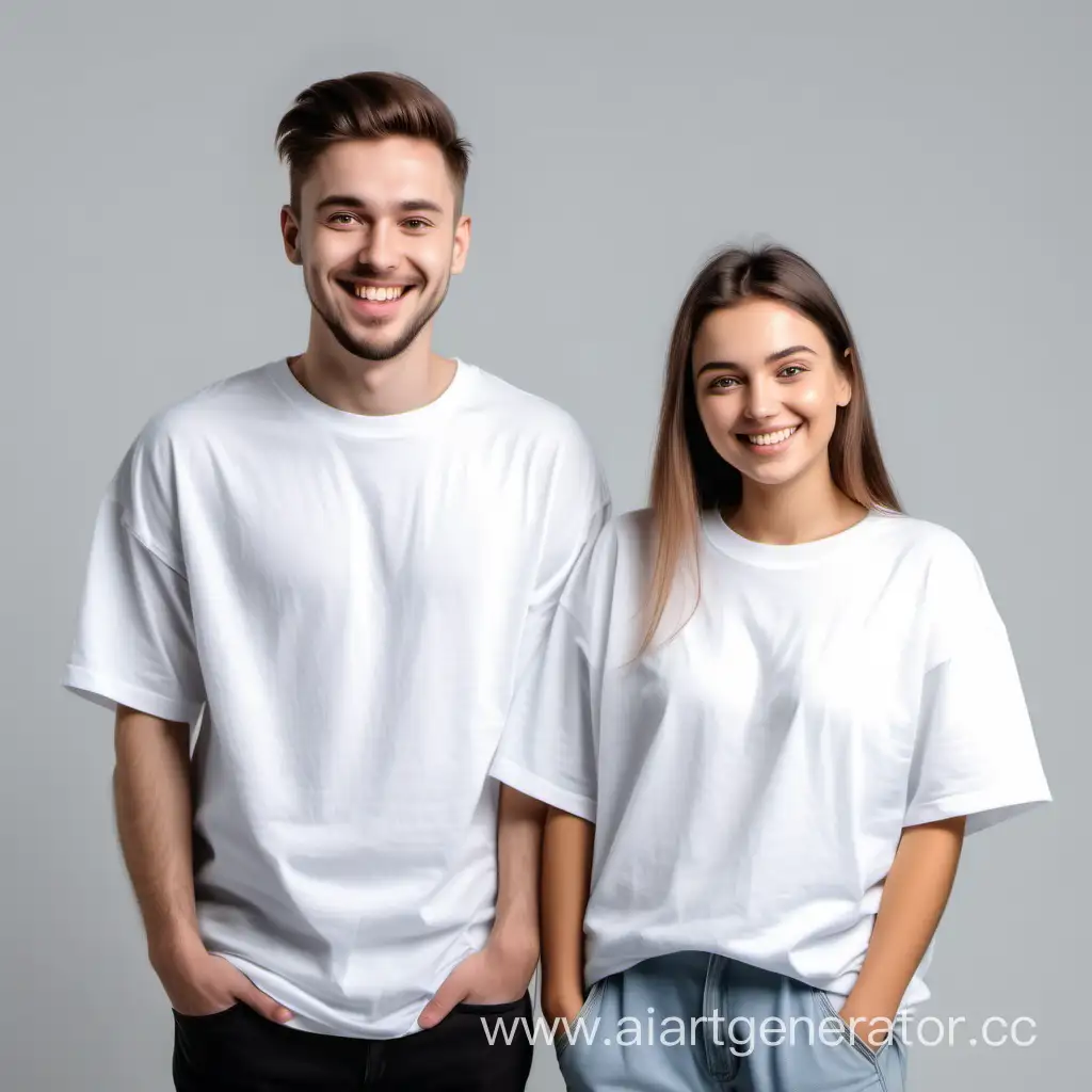влюбленные парень 30  лет и девушка 25 лет в белых футболках оверсайз без рисунков, улыбаются, футболки видны полностью