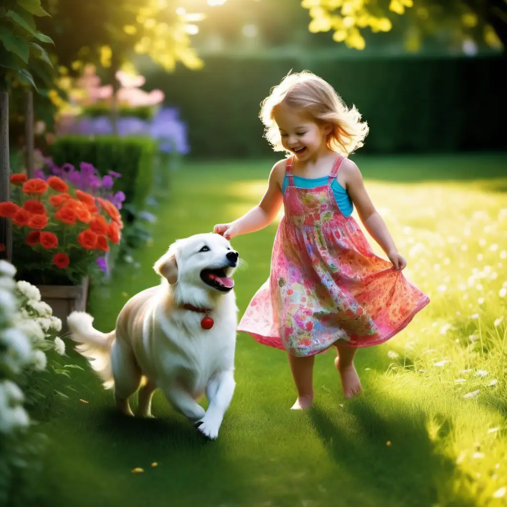 Imagino uma criança radiante, talvez com roupas coloridas e um sorriso contagiante, brincando com um cachorro em um jardim amplo e ensolarado